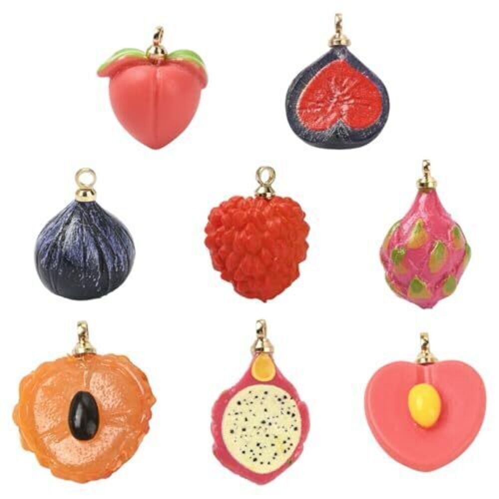 7663 9 pcs 9 Styles Cute Fruit Theme Brass Acrylic Charms Peach Fig Pitaya